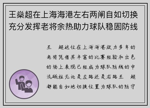 王燊超在上海海港左右两闸自如切换充分发挥老将余热助力球队稳固防线